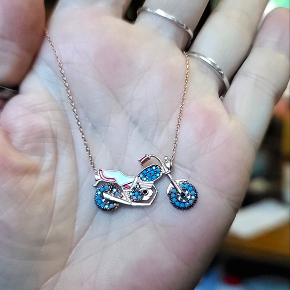Natural Kharma by Avelon Jewelry - Turquoise & Onyx enamel sterling & rose gold Motorcycle necklace 18"